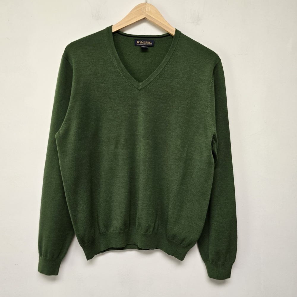 Brooks Brothers Sweater Mens Size L Green Merino Wool Italian V-neck Pullover